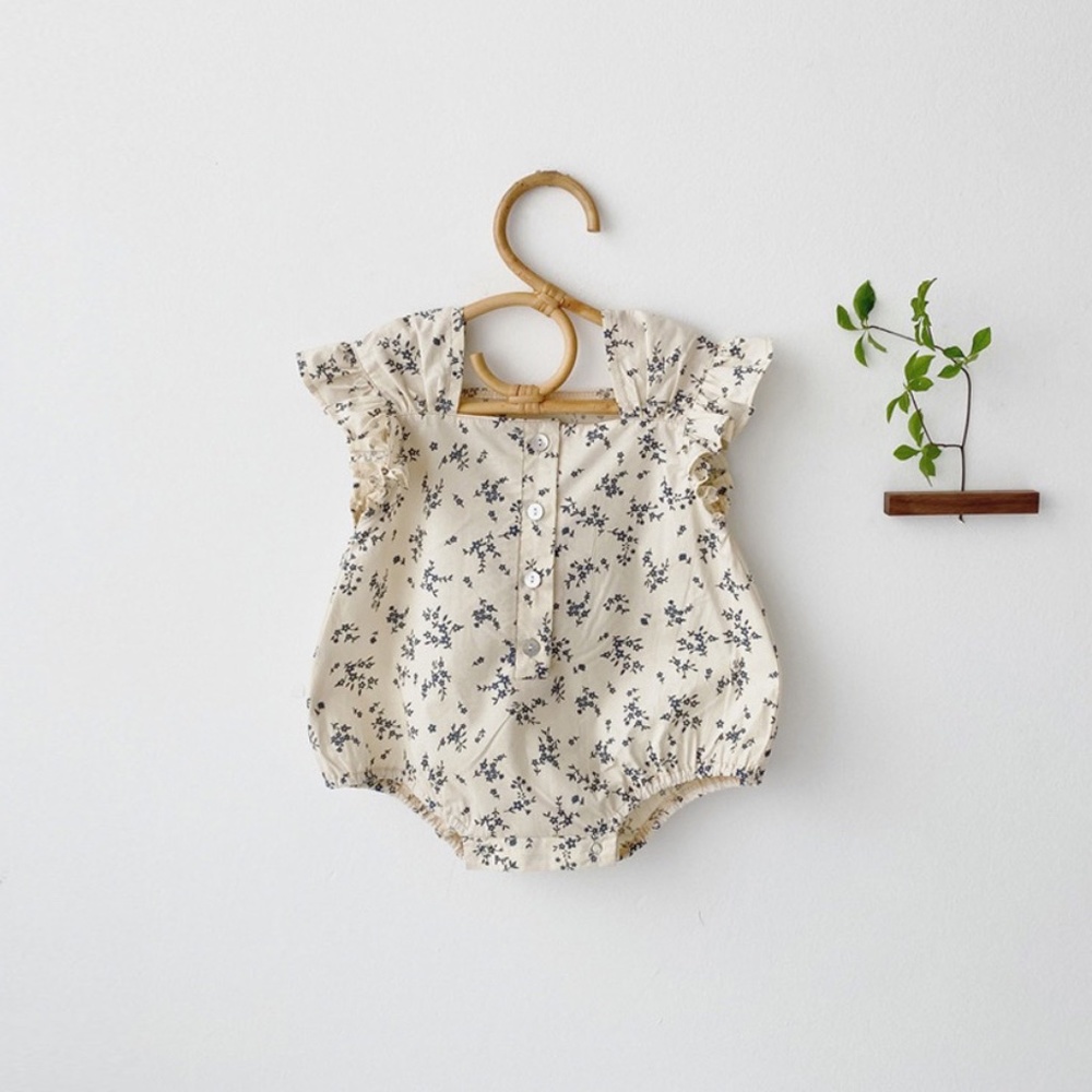 Flower Pattern Frill Square Neck Baby Romper Beige